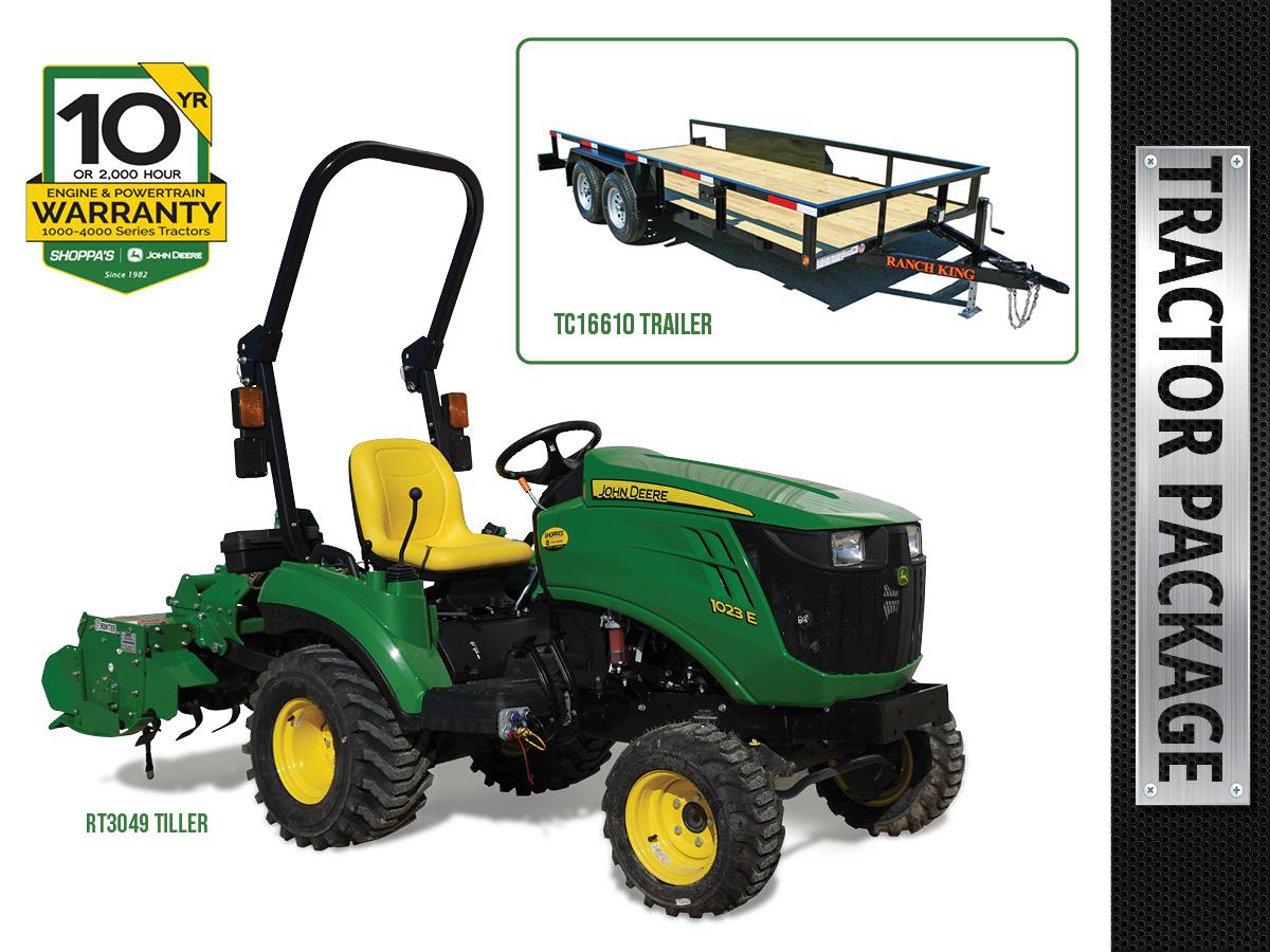 1023E SUB-COMPACT TRACTOR PACKAGE: RT3049 TILLER + TRAILER – $249 MONTHLY