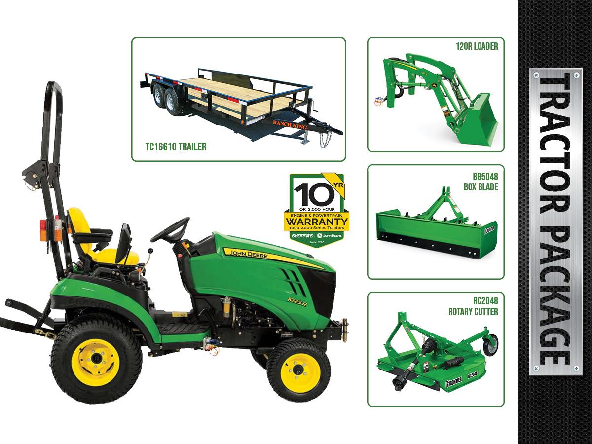 1025R SUB COMPACT TRACTOR PACKAGE: 120R LOADER + ROTARY CUTTER + BOX BLADE + TRAILER – $333 MONTHLY