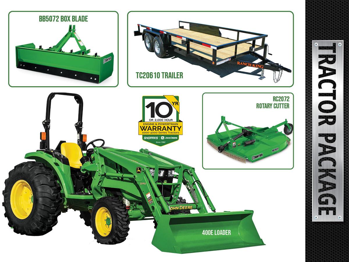 4044M COMPACT UTILITY TRACTOR PACKAGE WITH 400E LOADER + ROTARY CUTTER + BOX BLADE + TRAILER – $542 MONTHLY