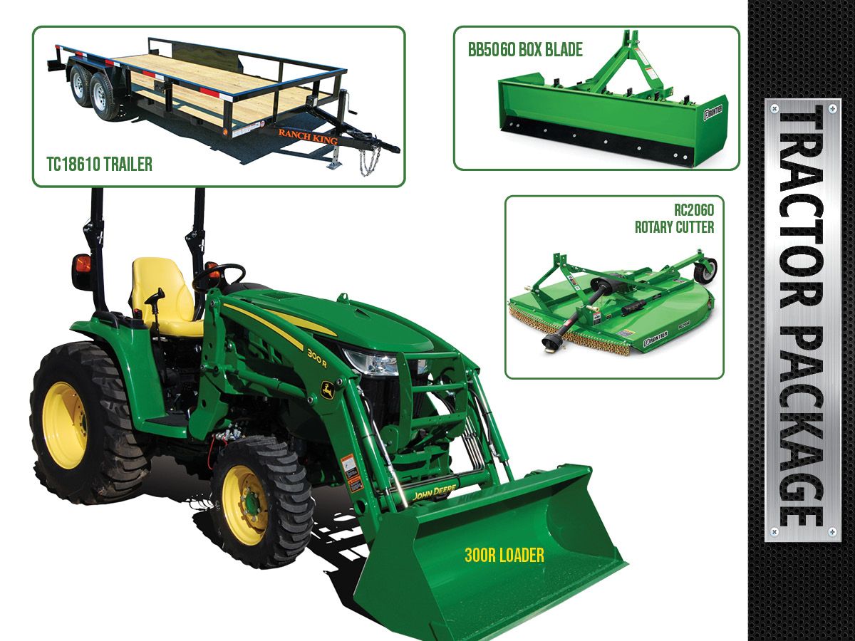 3039R COMPACT UTILITY TRACTOR PACKAGE WITH 300R LOADER + ROTARY CUTTER + BOX BLADE + TRAILER – $514 MONTHLY