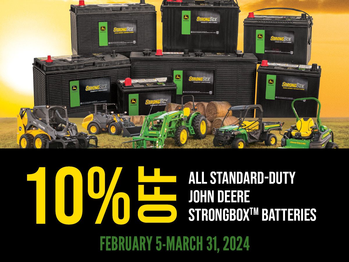 10% OFF ALL STANDARD-DUTY JOHN DEERE STRONGBOX BATTERIES